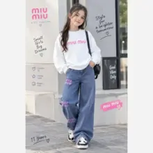 ست بلوز و شلوار لی دخترانه بچگانه طرح Miu Miu دورس لاکرا سایز 45 تا 70