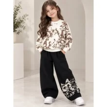 ست بلوز و شلوار دخترانه دورس پاییزه طرح پروانه سایز 45 تا 65 رنگ شکلاتی کرم سفید